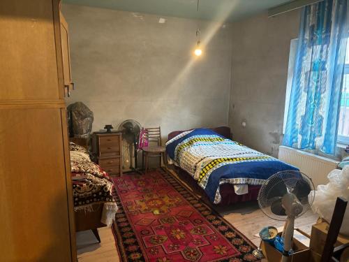 a bedroom with a bed and a fan and a rug at Vilage in Sumqayıt