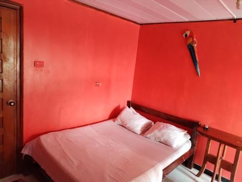a red room with a bed with a red wall at Divino Niño Hotel in Leticia