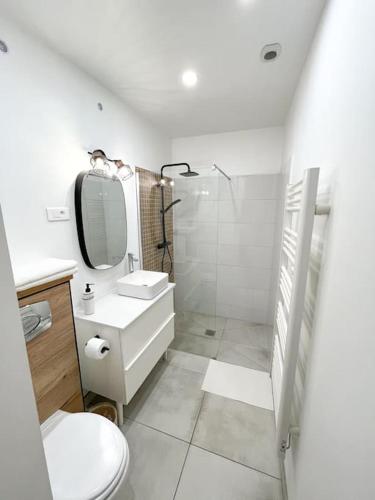 La salle de bains est pourvue de toilettes, d'un lavabo et d'une douche. dans l'établissement Les Bords de l'Estaque x Le refuge de Cézanne, à Marseille