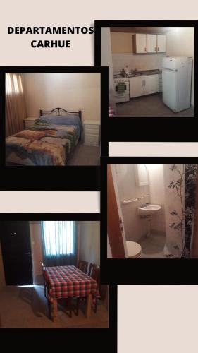 un collage de photos d'une chambre et d'une salle de bains dans l'établissement Departamentos Carhue, à Carhué