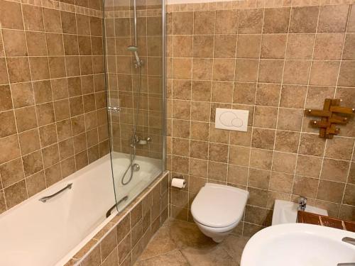 a bathroom with a toilet and a shower and a sink at Villa 13 in Étrembières