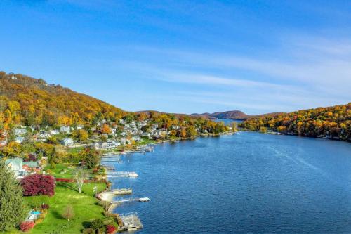 an aerial view of a river with boats on it at Candlewood Lake House in Danbury