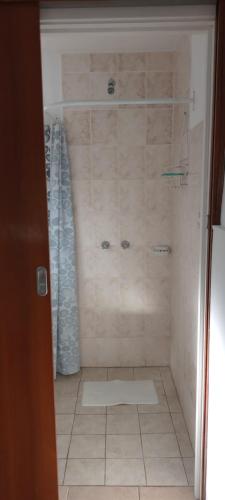 a bathroom with a shower with a tiled floor at Jugueze Tres Arroyos No tiene cochera in Tres Arroyos