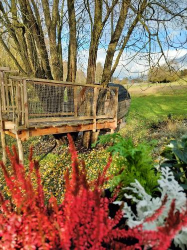 a wooden bridge in a garden with flowers at La Cabane d'Ode in Sainte-Ode