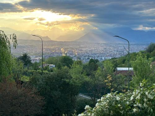 a view of a city with a mountain in the background at Deliziosa casa immersa nel verde in Turin