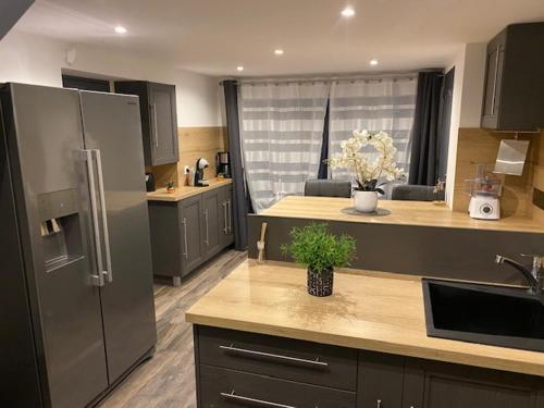 une cuisine avec un réfrigérateur en acier inoxydable et un comptoir dans l'établissement La Rivière de L'Andelle, à Pitres