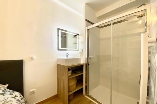 a bathroom with a glass shower and a sink at Studio Refait à Neuf sur la Route des Sanguinaires in Ajaccio