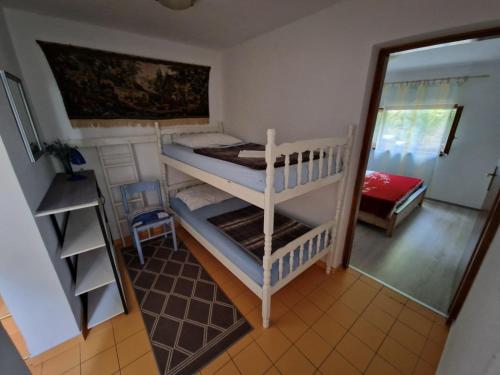 Zimmer mit 2 Etagenbetten und einem Spiegel in der Unterkunft Apartment in Icici with sea view, terrace, Wi-Fi (4870-1) in Ičići