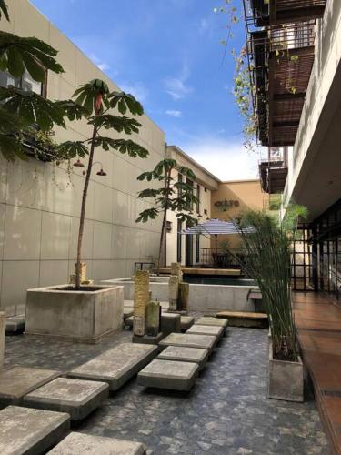 a courtyard with benches and a tree in a building at La Primera en La Candelaria in Bogotá