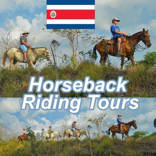 a collage of people riding horses in a field at Las Plumas Jardin de Cabuya in Cabuya