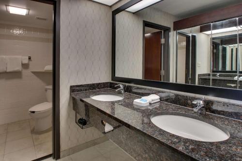 Drury Inn & Suites Houston Galleria في هيوستن: حمام مغسلتين ومرحاض ومرآة
