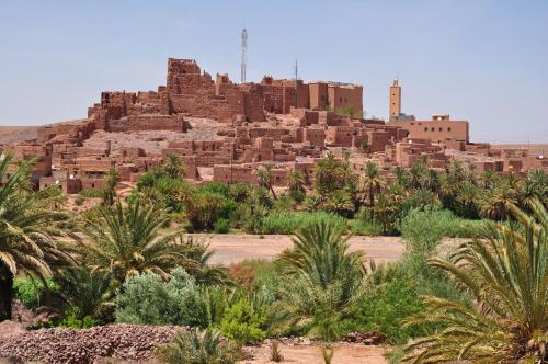 a view of a city with palm trees and buildings at Kasbah Tifoultoute in Ouarzazate