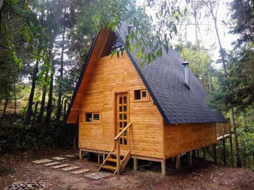a cabin in the woods with a black roof at Sanary in Guarne