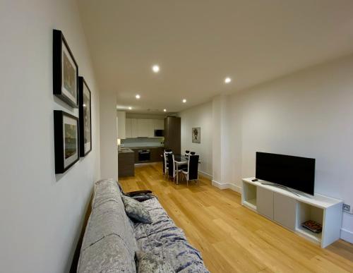 ein Wohnzimmer mit einem Sofa und einem Flachbild-TV in der Unterkunft Spacious 2 Bedroom Penthouse Retreat in London