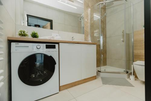 pralka w łazience z prysznicem w obiekcie F211 Apartament CHARLIE w mieście Lublin
