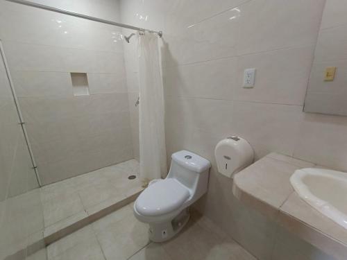 a bathroom with a toilet and a shower and a sink at Hotel Playa de Oro - Enfrente de WTC y Plazas Comerciales in Veracruz