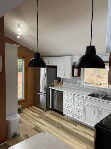 una cocina con dos luces negras colgando del techo en L'Oasis, en Ascot Corner