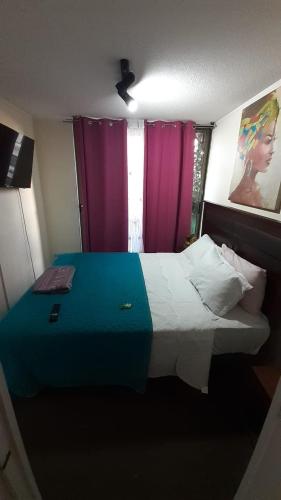 サンティアゴにあるEco encalada 2527のベッドルーム(紫色のカーテン付きのベッド1台付)