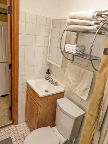 a small bathroom with a toilet and a sink at Guesthouse w/ private access and patio in Tucson