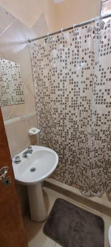 a bathroom with a sink and a shower curtain at Departamentos Borges in Santiago del Estero