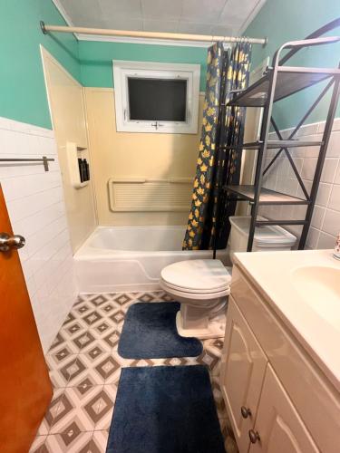 a bathroom with a toilet and a sink and a television at Two Bedroom Apartment In Cheektowaga in Cheektowaga