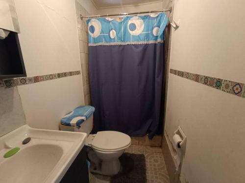 a bathroom with a toilet and a blue shower curtain at Alojamiento Abigal in Pica