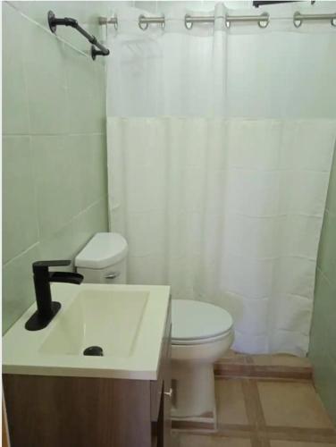 ein Bad mit einem WC, einem Waschbecken und einer Dusche in der Unterkunft El Peyocuarto, centro de Real14, WIFI. in Real de Catorce