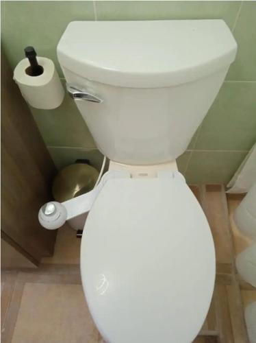 - des toilettes blanches dans une salle de bains avec un rouleau de papier toilette dans l'établissement El Peyocuarto, centro de Real14, WIFI., à Real de Catorce