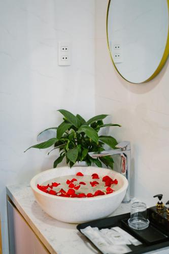 a plant in a bowl on top of a counter at LASANTA Villa in Hoi An