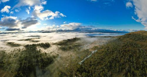 an aerial view of a forest with clouds in the sky at Alpine Village Jindabyne in Jindabyne