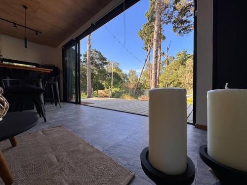 a living room with a view of a patio at Nandina, en el bosque y playa in La Pedrera