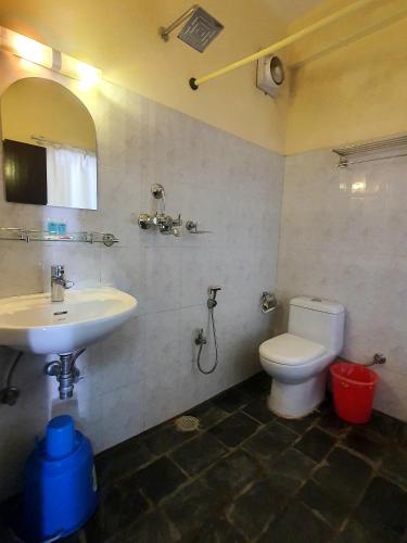 a bathroom with a sink and a toilet and a mirror at Hotel Kunja in Pokhara