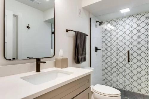 a bathroom with a sink and a toilet and a mirror at Brand new two room apartment building on a park in Denver