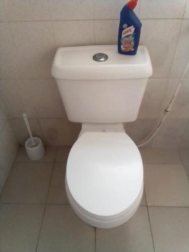 een wit toilet in een badkamer met een schoonmaakborstel bij Gemütlich Green house in Mombasa