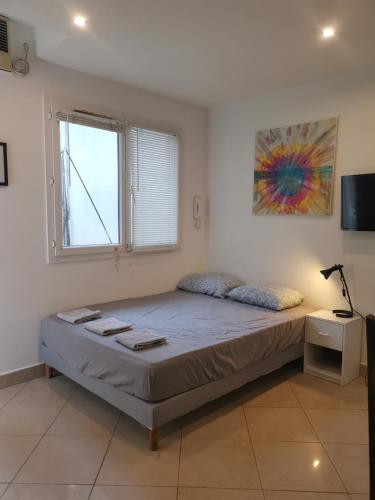 une chambre avec un lit dans une pièce avec une fenêtre dans l'établissement Cosy studio pour deux personnes, à Vitry-sur-Seine