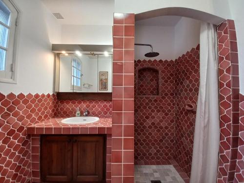 uma casa de banho em azulejos vermelhos com um lavatório e um chuveiro em Agay, Villa Belle Époque-Piscine-WIFI-Vue Mer em Saint-Raphaël