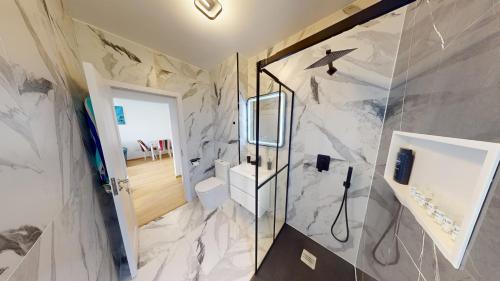 a bathroom with a shower and a toilet at Serenity Retreats VRT in Sibiu