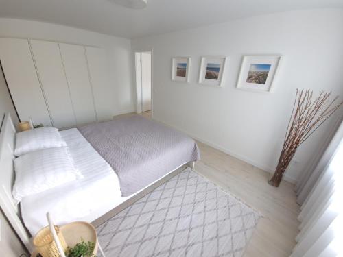 ein weißes Schlafzimmer mit einem Bett und einem Teppich in der Unterkunft Haustory Apartment in Klaipėda