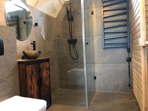 a shower with a glass door in a bathroom at Prywatna Sauna i jacuzzi! Tatra Spa Witów in Witów