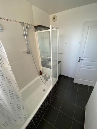 une salle de bain avec une douche avec une porte vitrée dans l'établissement Appartement Terrasse + parking, à Clermont-Ferrand
