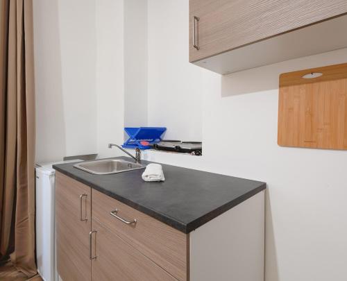 ジェノヴァにあるAppartamento Maddalena Basso - Affitti Brevi Italiaのシンクとカウンタートップのあるキッチン