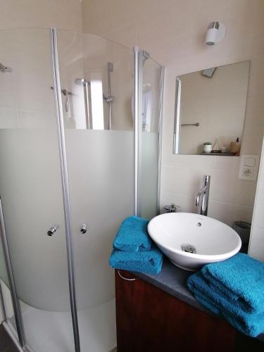 a bathroom with a sink and a shower at Sea-Me Ostend in Ostend