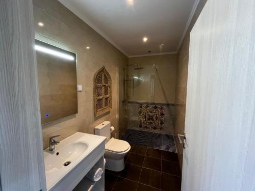 a bathroom with a sink and a toilet and a shower at Alojamento Local Monte Horeb in Nadadouro