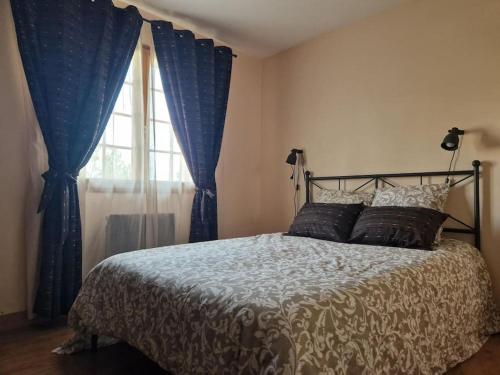 a bedroom with a bed with blue curtains and a window at Villa de 2 à 10 personnes tarif en fonction du nombre de personnes in Vonnas