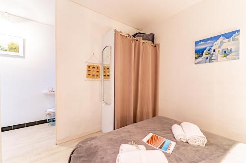 een slaapkamer met een douche en een bed bij Le Relax - Appt avec terrasse à 5mn de la plage in Arcachon
