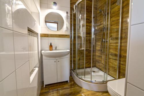 a bathroom with a sink and a shower at Willa Jolka - parking bezplatny, plac zabaw, wiata grillowa in Krynica Zdrój
