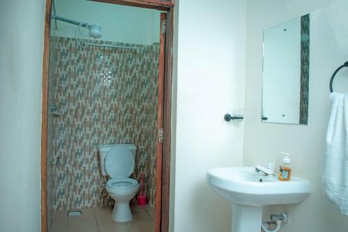 a bathroom with a toilet and a sink and a shower at Unique Homes One- Bedroom Apartment in Kilifi