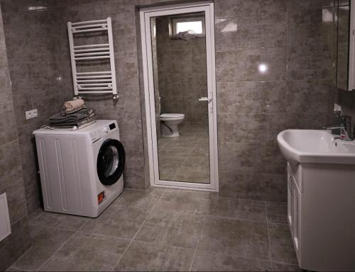 a bathroom with a washing machine and a sink at Bright and cosy apartment nr 3 in Chişinău