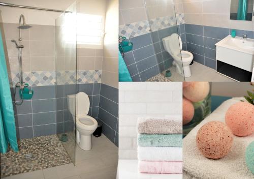 un collage de quatre photos d'une salle de bains dans l'établissement Maison Bel'o Kado-Charme Créole, à Capesterre-Belle-Eau