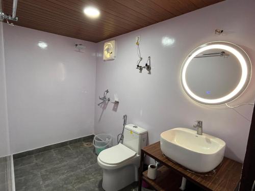 a bathroom with a sink and a toilet and a mirror at Nivriti Stays in Kanatal